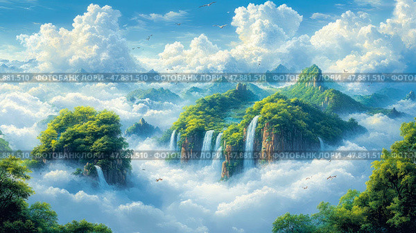 Vibrant green mountains with flowing waterfalls emerge from a sea of fluffy clouds under a bright blue sky, creating a tranquil atmosphere. Стоковое AI-изображение, AI-художник Данила Большаков / Фотобанк Лори