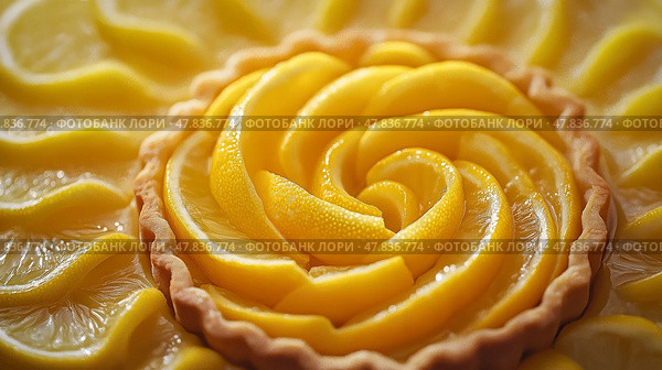 Vibrant lemon tart with a spiral design and citrus slices. Яркий лимонный тарт со спиральным рисунком и дольками цитрусовых. Стоковое AI-изображение, AI-художник Katsiaryna Repich / Фотобанк Лори