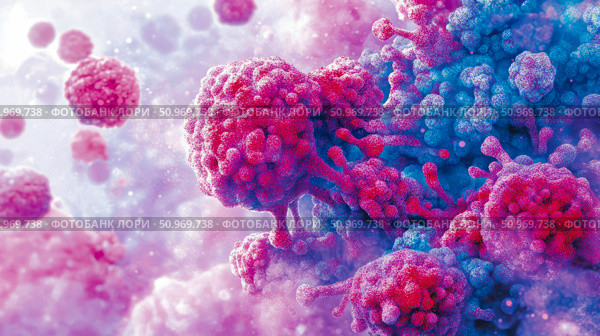 Vibrant microscopic visualization of intricate biological structures, possibly representing cells or viruses in a complex cellular environment, rendered in striking pink, red, and blue hues. Стоковое AI-изображение, AI-художник Данила Большаков / Фотобанк Лори