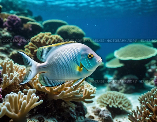 Vibrant orange white yellow blue red reef fish swim through coral reef. Sun rays pierce sea water. Variety of animal. Ecology hydrosphere. Anthropogenic factor influencing death of coral reefs. AI. Стоковое AI-изображение, AI-художник Юлия Петровская / Фотобанк Лори