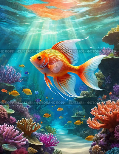 Vibrant orange white yellow blue red reef fish swim through coral reef. Sun rays pierce sea water. Variety of animal. Ecology hydrosphere. Anthropogenic factor influencing death of coral reefs. AI. Стоковое AI-изображение, AI-художник Юлия Петровская / Фотобанк Лори