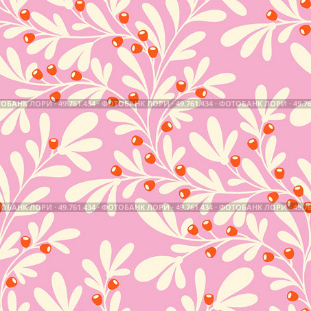 Vibrant pattern featuring cream branches with coral berries against a pink  background.. Trailing Cream Berry Branch. Стоковое фото, агентство Ingram Publishing / Фотобанк Лори