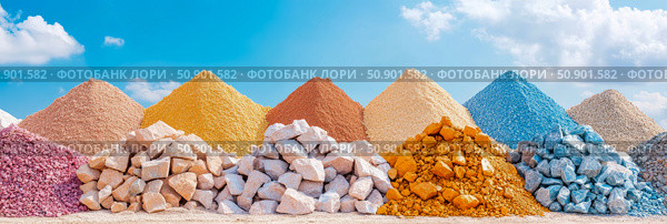 Vibrant Piles of Assorted Color Rocks and Gravel under a Blue Sky, Mining Industry, Construction Material, Aggregate Supply. Стоковое AI-изображение, AI-художник Данила Большаков / Фотобанк Лори