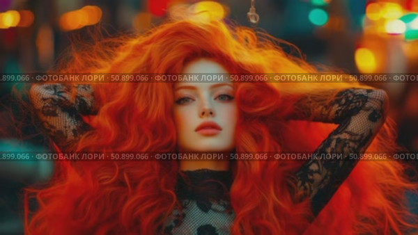 Vibrant portrayal of a captivating woman adorned with a magnificent fiery mane amidst glowing orbs. Стоковое AI-видео, аниматор Данила Большаков / Фотобанк Лори