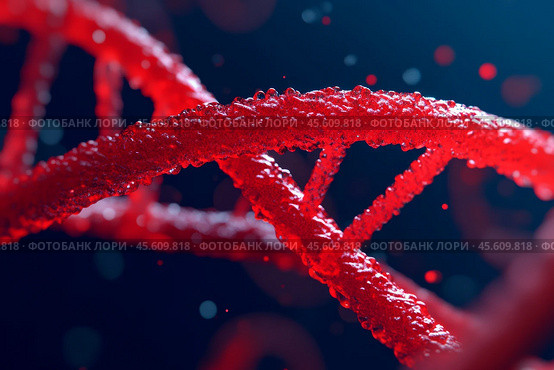 Vibrant red DNA helix set against a dark blue background. Visual of DNA double helix structure. DNA Strands. Genetic exploration, genome sequencing, change, biological kinship and genetic legacy. Стоковое AI-изображение, AI-художник Марина Демидюк / Фотобанк Лори