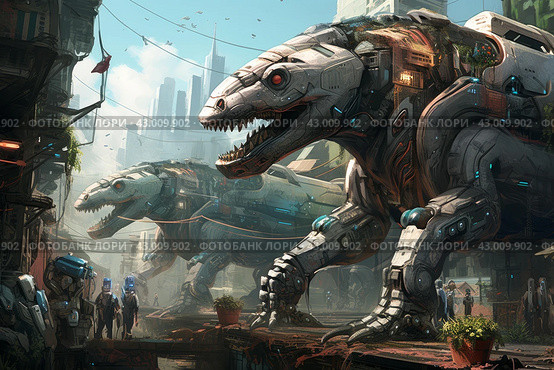 Vibrant Robotic dinosaur urban street. Generate Ai. Стоковое AI-изображение, AI-художник Иван Рябоконь / Фотобанк Лори