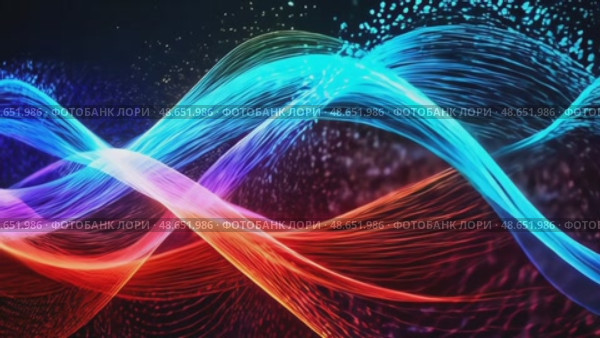 Vibrating waves of color flow and intertwine in a dynamic representation of movement and light against a dark background. Background for the designer. Стоковое AI-видео, аниматор Оксана Медведева / Фотобанк Лори