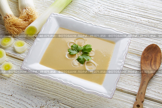 vichyssoise cream soup with leeks on white wood table. Стоковое фото, агентство Ingram Publishing / Фотобанк Лори