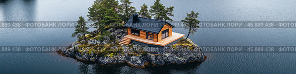 Вид с воздуха на уединенную скандинавскую хижину на скалистом острове посреди спокойного озера. Стоковое AI-изображение, AI-художник ФотоИнтеллект / Фотобанк Лори
