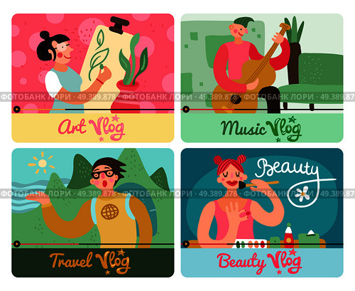 Video bloggers concept 4 colorful funny icons set with travel art beauty music popular authors vector illustration . Video Bloggers Concept . Стоковая иллюстрация, агентство Ingram Publishing / Фотобанк Лори