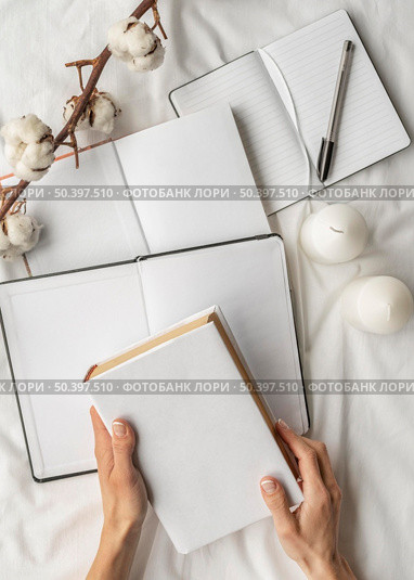 view notebooks cotton arrangement. Стоковое фото, агентство Ingram Publishing / Фотобанк Лори
