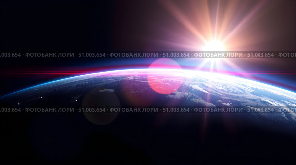 View of Earth planet with light lens from cosmos. Стоковое AI-изображение, AI-художник Андрей Митин / Фотобанк Лори