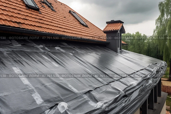 View of house under construction with red roof on waterproofing layer, created with Generative AI. Стоковое AI-изображение, AI-художник Данила Большаков / Фотобанк Лори