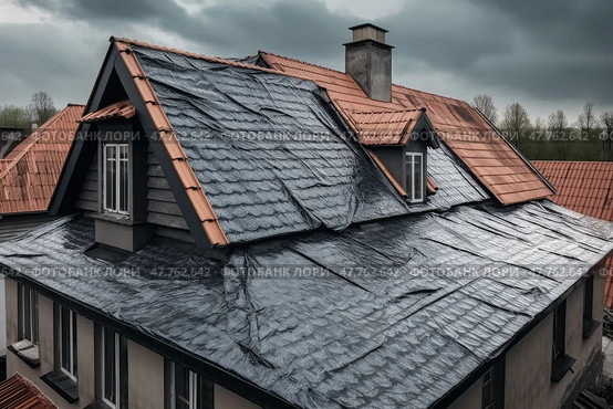 View of house under construction with red roof on waterproofing layer, created with Generative AI. Стоковое AI-изображение, AI-художник Данила Большаков / Фотобанк Лори
