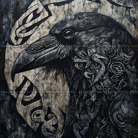 Viking crow and ornamentGenerative AI. Стоковое AI-изображение, AI-художник Анна Кривицкая / Фотобанк Лори