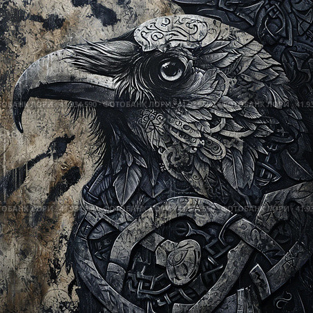 Viking crow and ornamentGenerative AI. Стоковое AI-изображение, AI-художник Анна Кривицкая / Фотобанк Лори