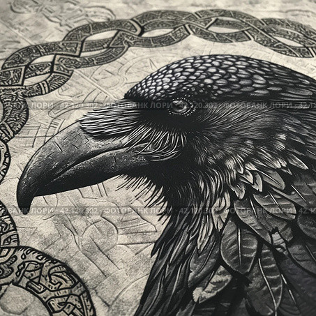 Viking crow and ornamentGenerative AI. Стоковое AI-изображение, AI-художник Анна Кривицкая / Фотобанк Лори