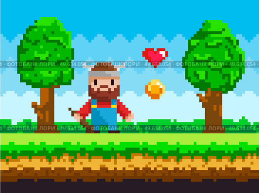 Viking wearing horned hat collects hearts and coins. 8 bit pixel game scene with heroic male character, pixelated personage with weapon ready to figh. Game landscape with grass and sky with clouds. Viking wearing horned hat collects hearts and coins. Pixelated personage with weapon ready to figh. Стоковая иллюстрация, агентство Ingram Publishing / Фотобанк Лори