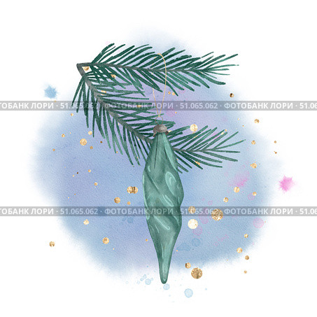 Vintage Christmas toy Glass turquoise icicle on a green spruce branch on a blue picturesque background. Стоковая иллюстрация, иллюстратор Елена Захаревич / Фотобанк Лори
