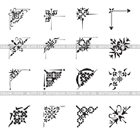Vintage floral calligraphic floral vignette scroll corners ornamental design elements black set isolated vector illustration. Стоковая иллюстрация, агентство Ingram Publishing / Фотобанк Лори
