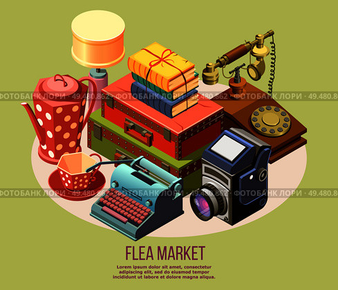 Vintage goods from flea market isometric composition with typewriter camera telephone books 3d vector illustration. Flea Market Composition. Стоковая иллюстрация, агентство Ingram Publishing / Фотобанк Лори