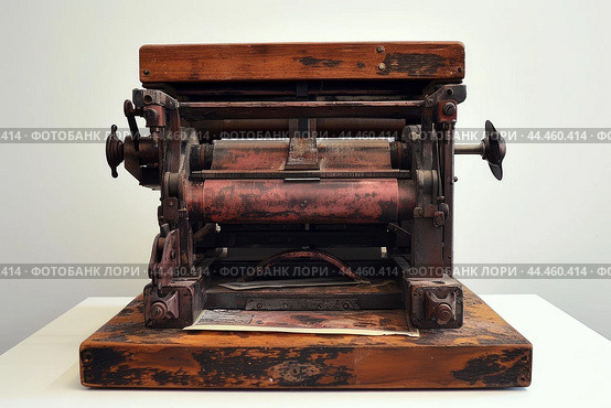 Vintage printing press on display. Стоковое AI-изображение, AI-художник Иван Рябоконь / Фотобанк Лори