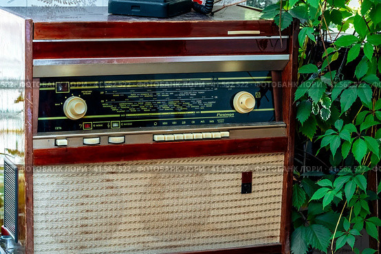 Vintage soviet vinyl player also called radiola Rigonda near green plant. Стоковое фото, фотограф Константин Григорьев / Фотобанк Лори