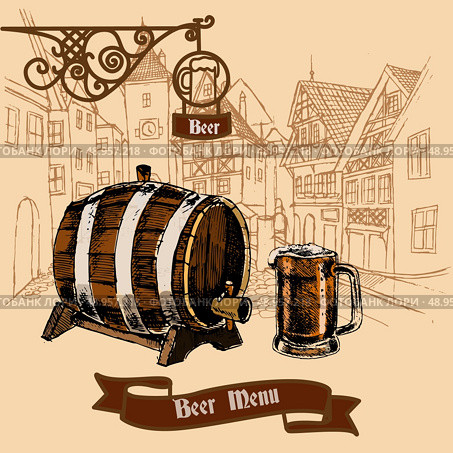 Vintage style cast iron advertisement bar board menu banner with barrel foamy mug sepia sketch vector illustration. Стоковая иллюстрация, агентство Ingram Publishing / Фотобанк Лори