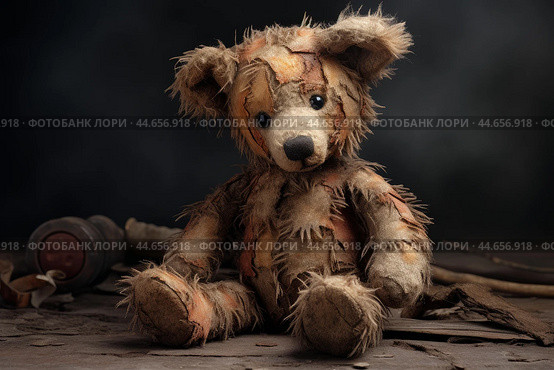 Vintage teddy bear on a dark background. Стоковое AI-изображение, AI-художник Иван Рябоконь / Фотобанк Лори