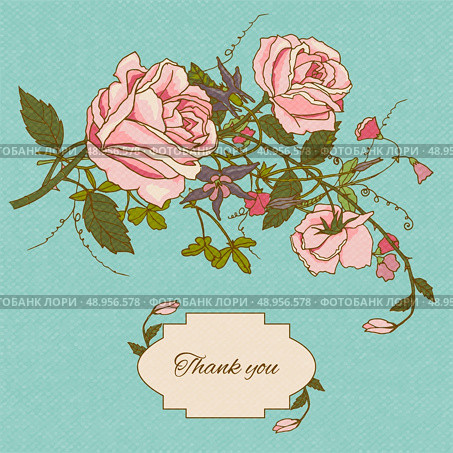 Vintage thank you nostalgic note card gratitude message with cottage garden roses flowers sketch color vector illustration. Стоковая иллюстрация, агентство Ingram Publishing / Фотобанк Лори