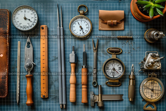 Vintage Tools and Instruments Arranged on Blue Gridded Surface. Стоковое AI-изображение, AI-художник Сергей Толмачёв / Фотобанк Лори