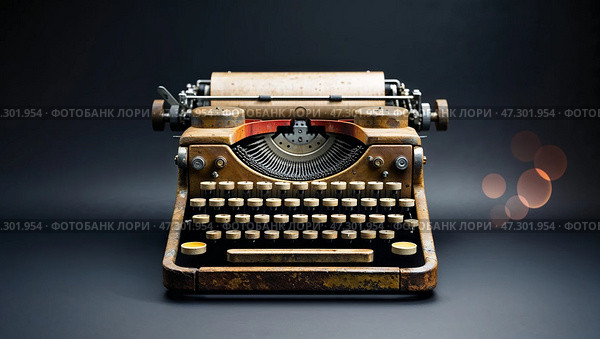 Vintage typewriter on display showcasing craftsmanship and design in a minimalist setting. Стоковое AI-изображение, AI-художник Сергей Толмачёв / Фотобанк Лори