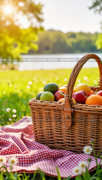 Винтажная плетёная корзина с фруктами, идиллия лета. Стоковое AI-изображение, AI-художник Ольга Невская / Фотобанк Лори