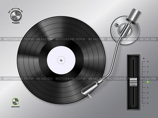 Vinyl record disc playing on turntable player closeup top view realistic black white retro image vector illustration. Стоковая иллюстрация, агентство Ingram Publishing / Фотобанк Лори