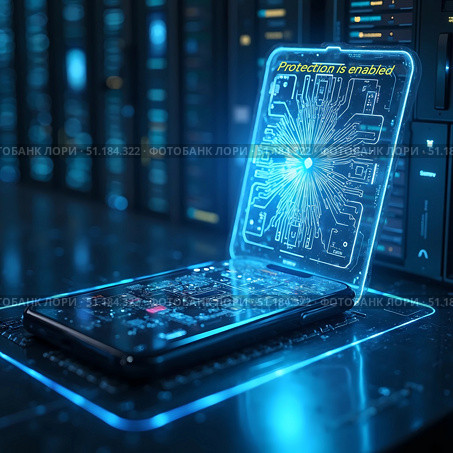 Виртуальный защитный экран перед смартфоном, с надписью Protection is enabled, Защита включена. Стоковое AI-изображение, AI-художник Инна Пецко / Фотобанк Лори