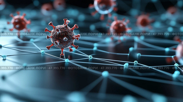 Virus particles connected by digital network illustrating the interaction of pathogens in a modern scientific context, health technology concept. Стоковое AI-изображение, AI-художник 123 12 / Фотобанк Лори
