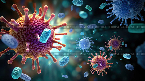 Viruses in the microcosm. Стоковое AI-изображение, AI-художник Кирилл Черезов / Фотобанк Лори