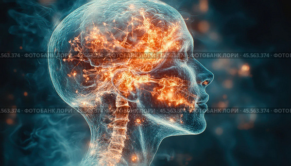 Visualization of the human brain and central nervous system. The human head and neck are depicted in a scientific illustration style, with an emphasis on electrical impulses and neural networks. Bright orange flashes symbolize brain activity, conveying a sense of intellectual and neural work. The background is done in dark blue tones, creating a contrast with bright details. This image is ideal for scientific, medical, educational, as well as topics related to artificial intelligence and neurotechnology. Стоковое AI-изображение, AI-художник Анна Кривицкая / Фотобанк Лори