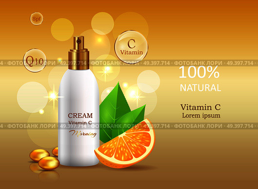 Vitamin C natural cream with sun protective factor coenzyme energizer. Cream bank beside oranges with leaves. Advertisement of natural organic cosmetics. Means for skin care vector illustration.. Cream Sun Protective Factor Coenzyme Energizer. Стоковая иллюстрация, агентство Ingram Publishing / Фотобанк Лори
