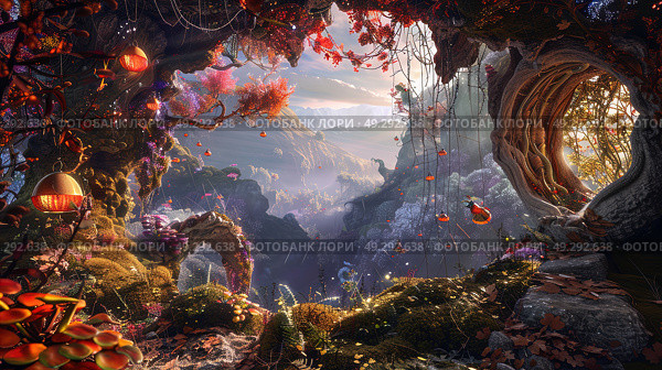 Vivid underwater fantasy scene with colorful mushrooms, exotic plants, and fanciful fish. High-resolution digital artwork that captures a magical aquatic ecosystem. Mystical ocean floor concept. Стоковое AI-изображение, AI-художник Konstantin Plotnikov / Фотобанк Лори