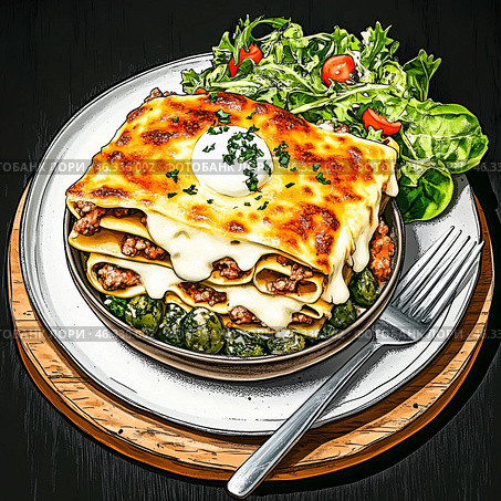 Вкусная домашняя лазанья с салатом для уютного обеда. Стоковое AI-изображение, AI-художник Сергей Милянчиков / Фотобанк Лори