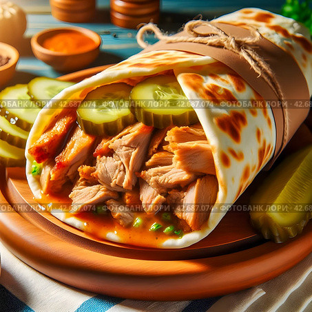 Вкусная сочная начинка завернута в хлебную лепешку. Шаверма с маринованными огурцами, кусочками мяса и соусом в лаваше на столе. Стоковое AI-изображение, AI-художник Sergei Gorin / Фотобанк Лори