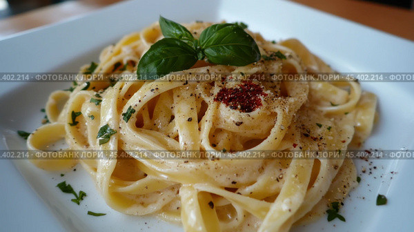 Вкуснейшие домашние феттучини альфредо, украшенные свежим базиликом и перцем. Стоковое AI-изображение, AI-художник ФотоИнтеллект / Фотобанк Лори