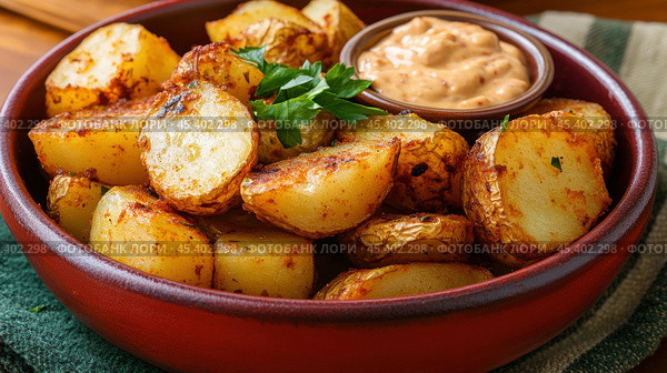 Вкуснейшие испанские пататас бравас с острым соусом, украшенные свежей зеленью. Стоковое AI-изображение, AI-художник ФотоИнтеллект / Фотобанк Лори