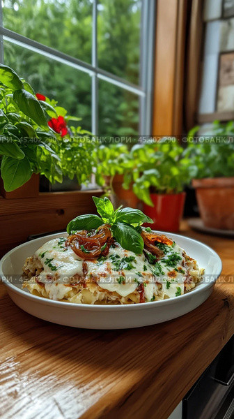 Вкуснейшие шпецле с плавленым сыром и зеленью у солнечного окна. Стоковое AI-изображение, AI-художник ФотоИнтеллект / Фотобанк Лори