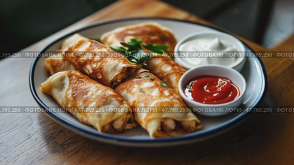 Вкусное блюдо из блинных рулетов с солеными и сладкими соусами на деревянном столе. Стоковое AI-видео, аниматор ФотоИнтеллект / Фотобанк Лори
