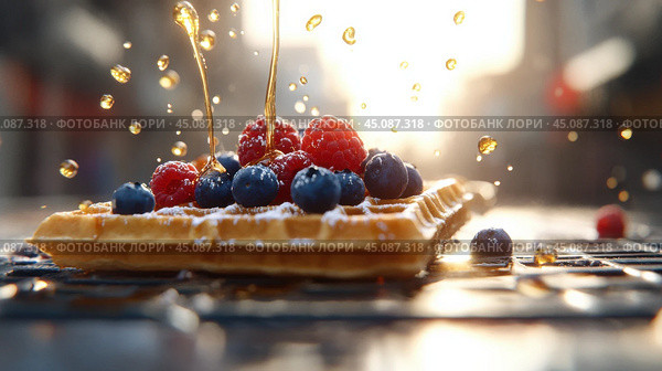 Вкусные вафли с ягодами и сиропом на завтрак стоковая фотография. Стоковое AI-изображение, AI-художник ФотоИнтеллект / Фотобанк Лори