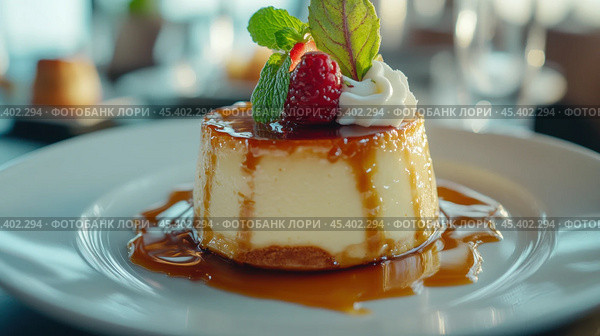 Вкусный испанский флан с карамелью и ягодами — идеальный десерт для гурманов. Стоковое AI-изображение, AI-художник ФотоИнтеллект / Фотобанк Лори