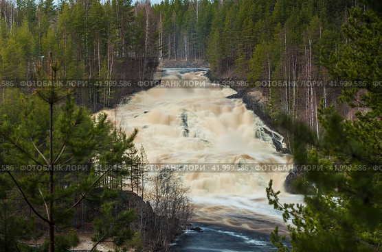 Водопад Гирвас в Карелии. Кондопожский район. Весенний сброс воды на Пальеозерской ГЭС. Стоковое фото, фотограф Сергей Цепек / Фотобанк Лори