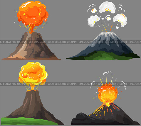 Volcanic eruption stages set. Steaming volcano, hot burning magma approach, splash and spreading of lava. Vulcanology, geology, study of seismic activity concept. Erupting rock pinnacle volcano. Volcanic eruption stages set. Steaming volcano, burning magma approach, splash and spreading of lava. Стоковая иллюстрация, агентство Ingram Publishing / Фотобанк Лори